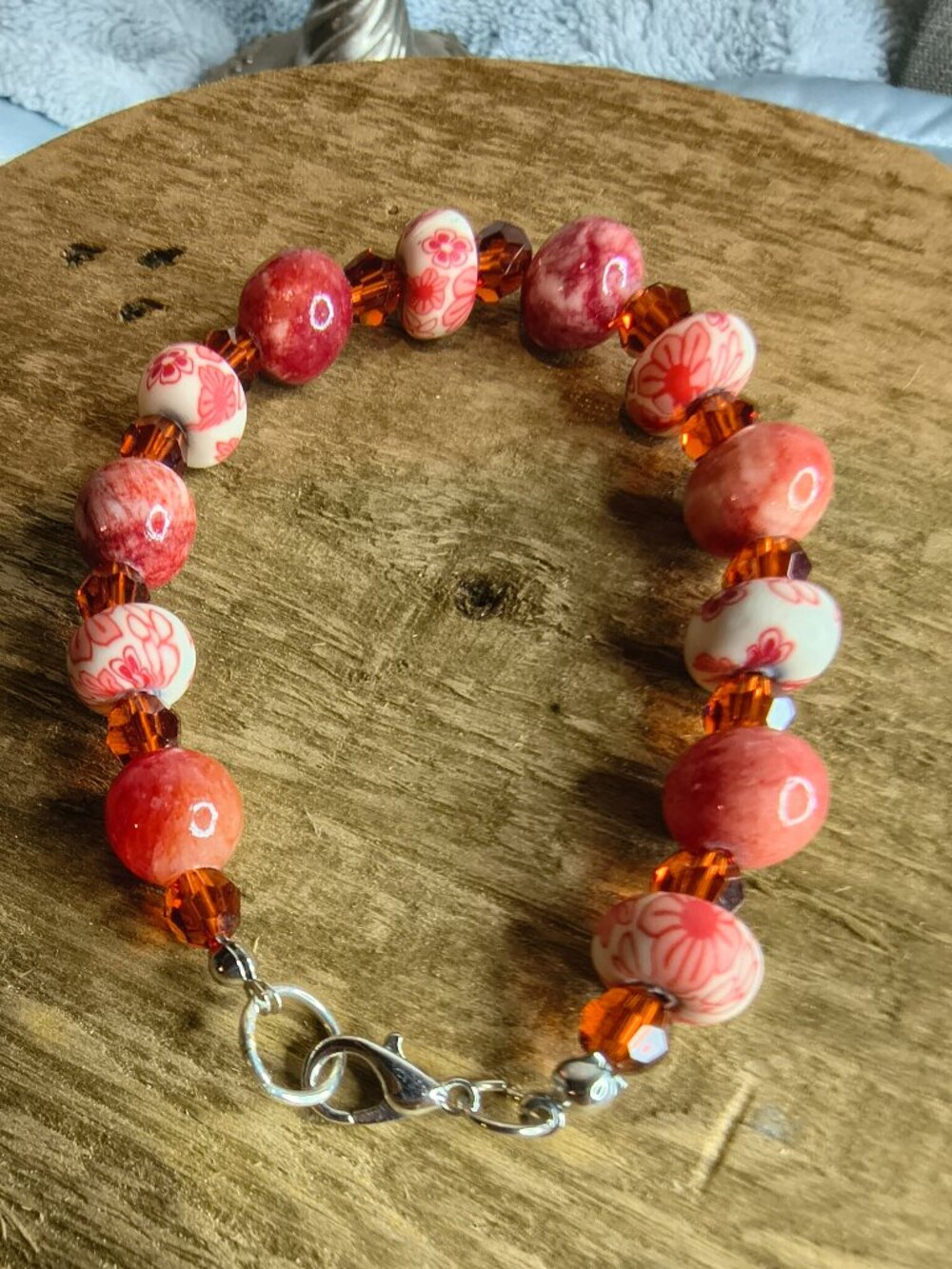Hand Made Art Glass and Floral Rubber Beaded Bracelet